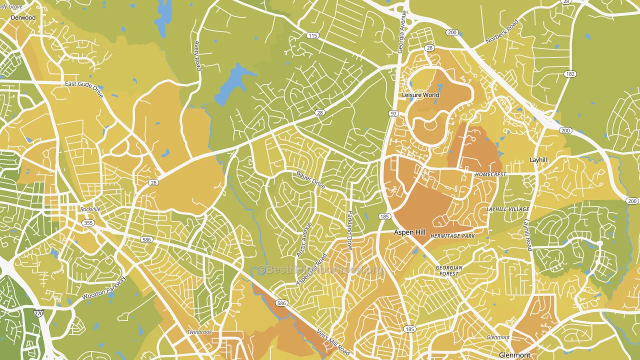 Map of the best neighborhoods in the 20853 area, with better matches in green and worse matches in red