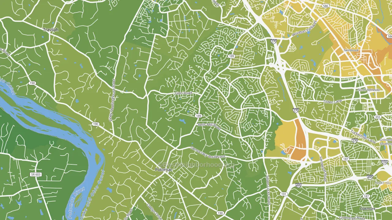 Map of the best neighborhoods in the 20854 area, with better matches in green and worse matches in red