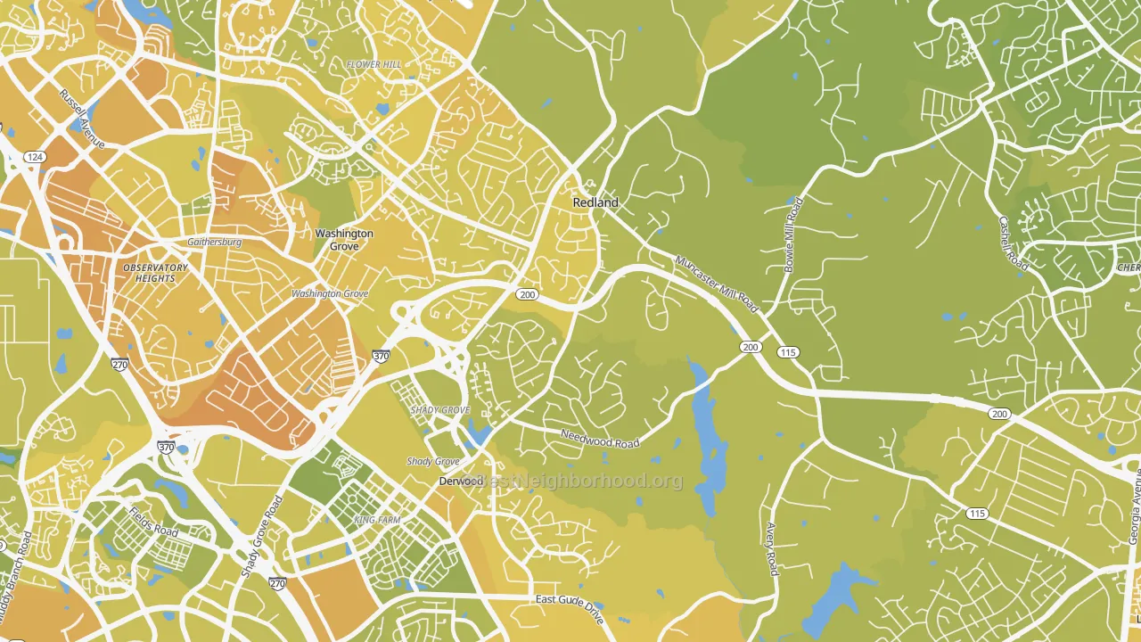 Map of the best neighborhoods in the 20855 area, with better matches in green and worse matches in red