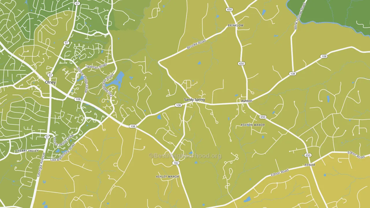 Map of the best neighborhoods in the 20860 area, with better matches in green and worse matches in red