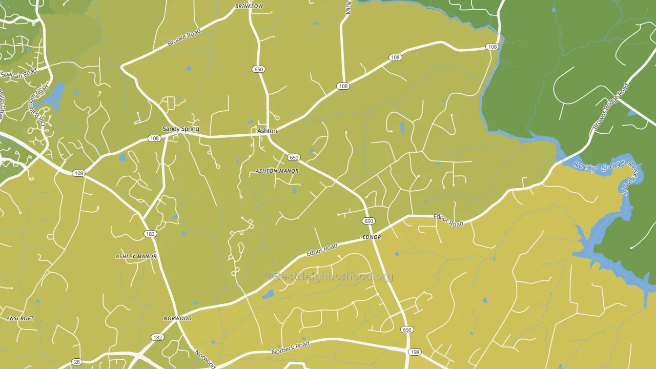 Map of the best neighborhoods in the 20861 area, with better matches in green and worse matches in red