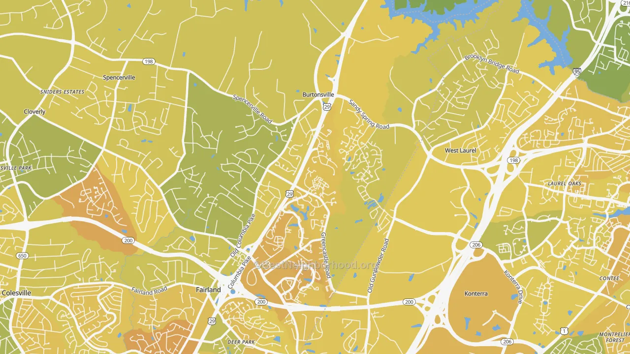 Map of the best neighborhoods in the 20866 area, with better matches in green and worse matches in red