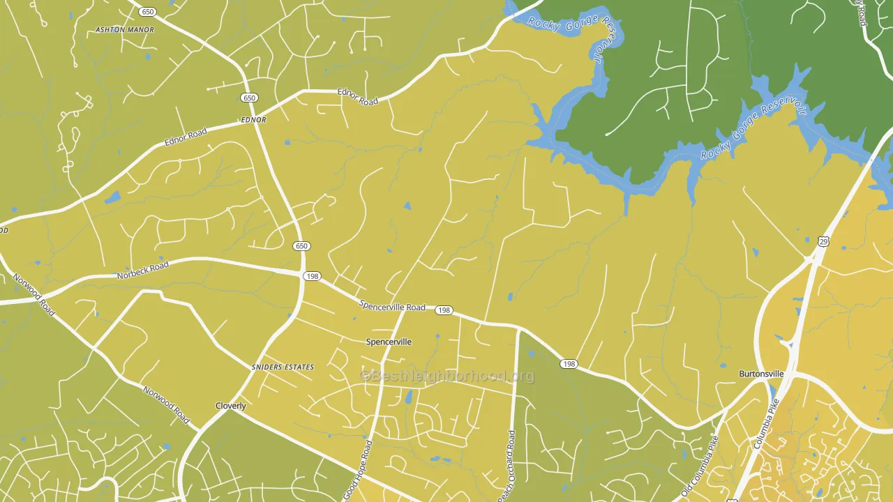 Map of the best neighborhoods in the 20868 area, with better matches in green and worse matches in red