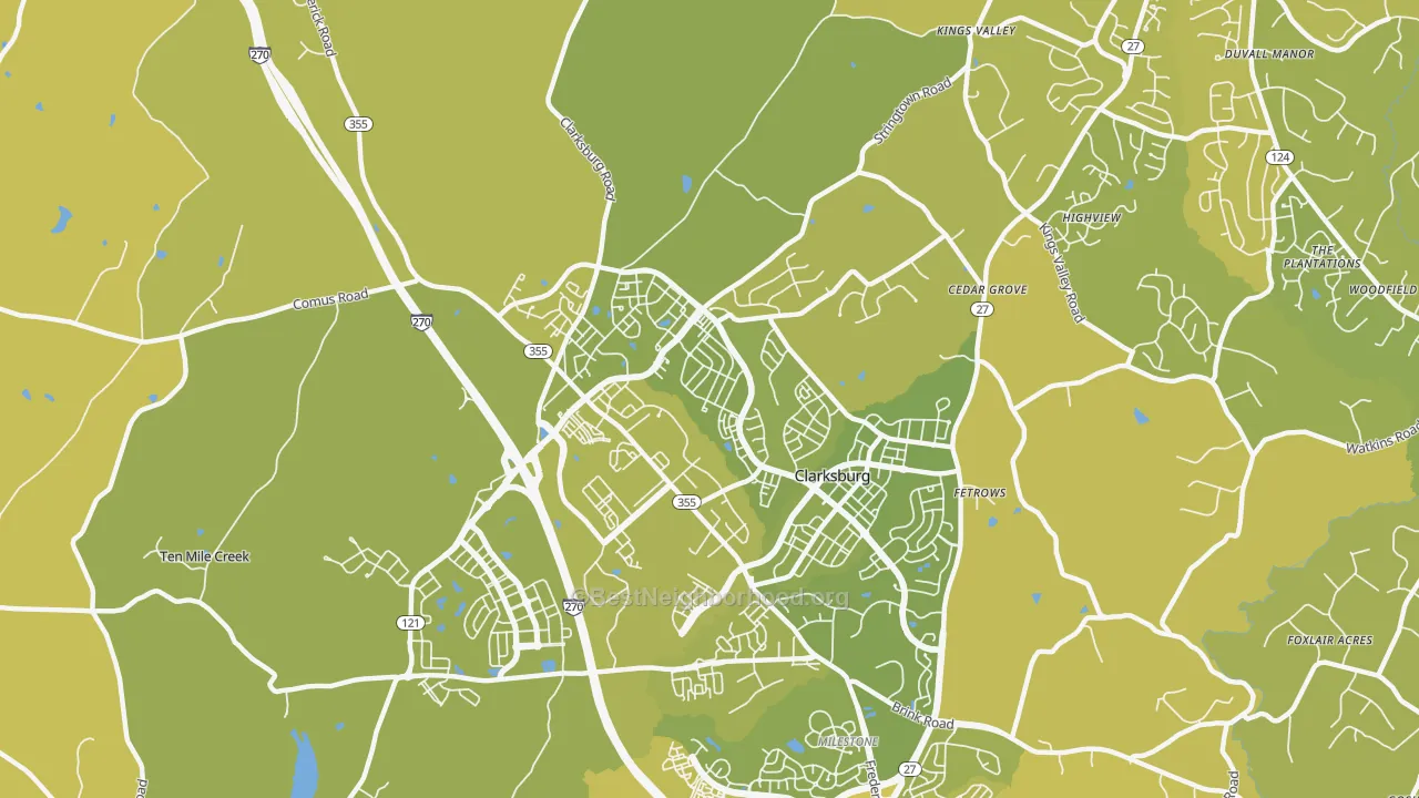 Map of the best neighborhoods in the 20871 area, with better matches in green and worse matches in red