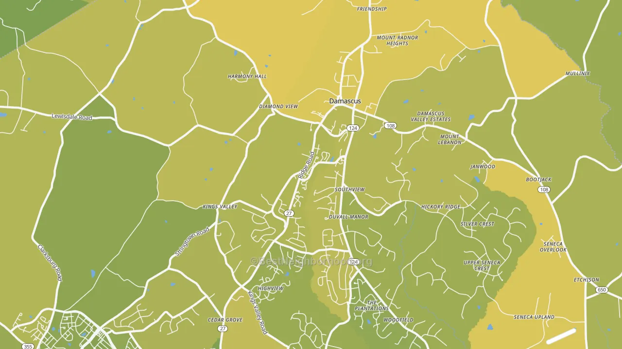 Map of the best neighborhoods in the 20872 area, with better matches in green and worse matches in red