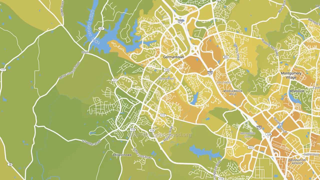 Map of the best neighborhoods in the 20874 area, with better matches in green and worse matches in red