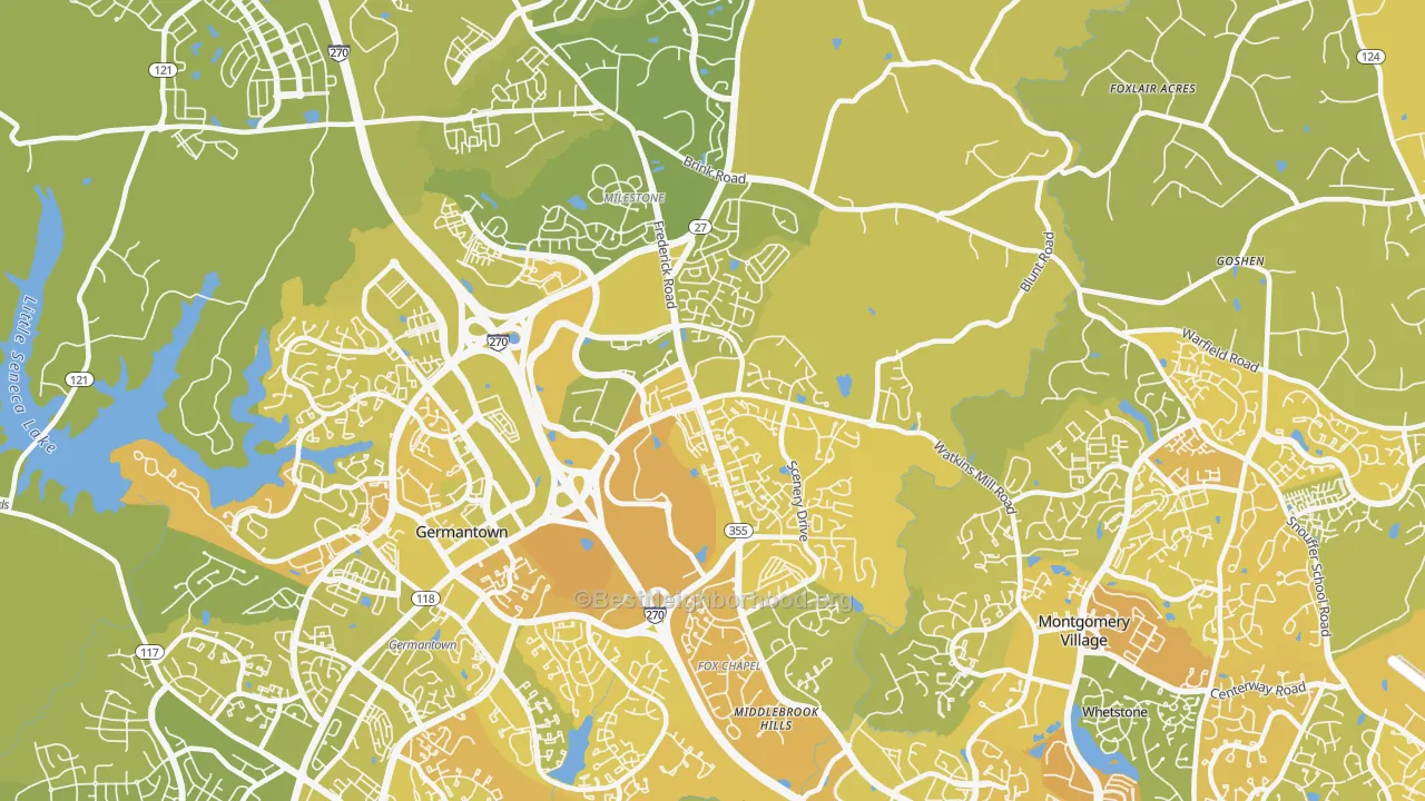 Map of the best neighborhoods in the 20876 area, with better matches in green and worse matches in red