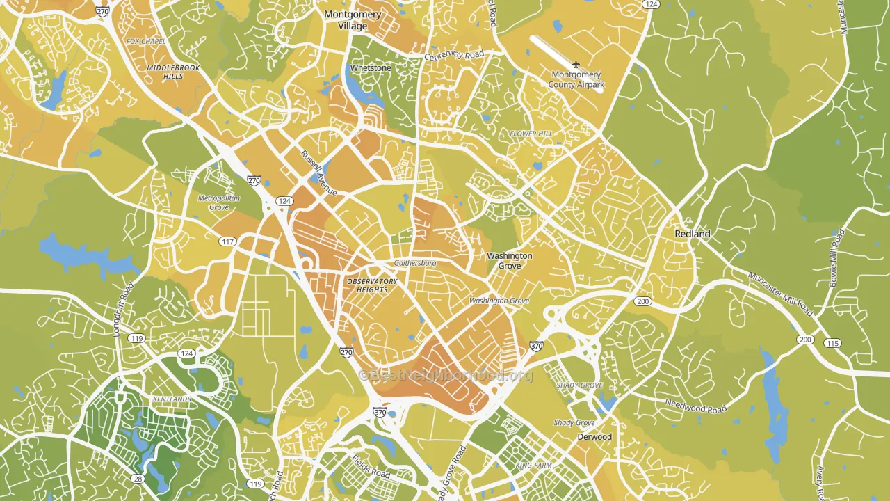 Map of the best neighborhoods in the 20877 area, with better matches in green and worse matches in red