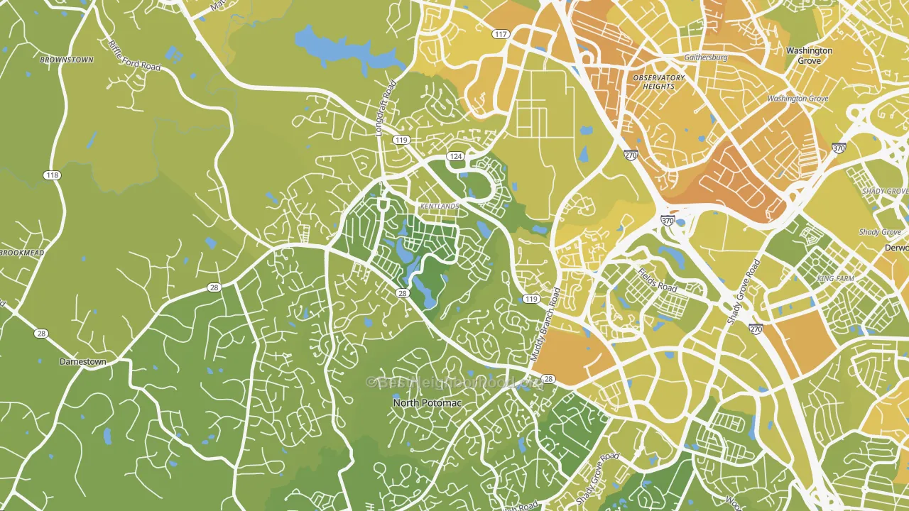 Map of the best neighborhoods in the 20878 area, with better matches in green and worse matches in red