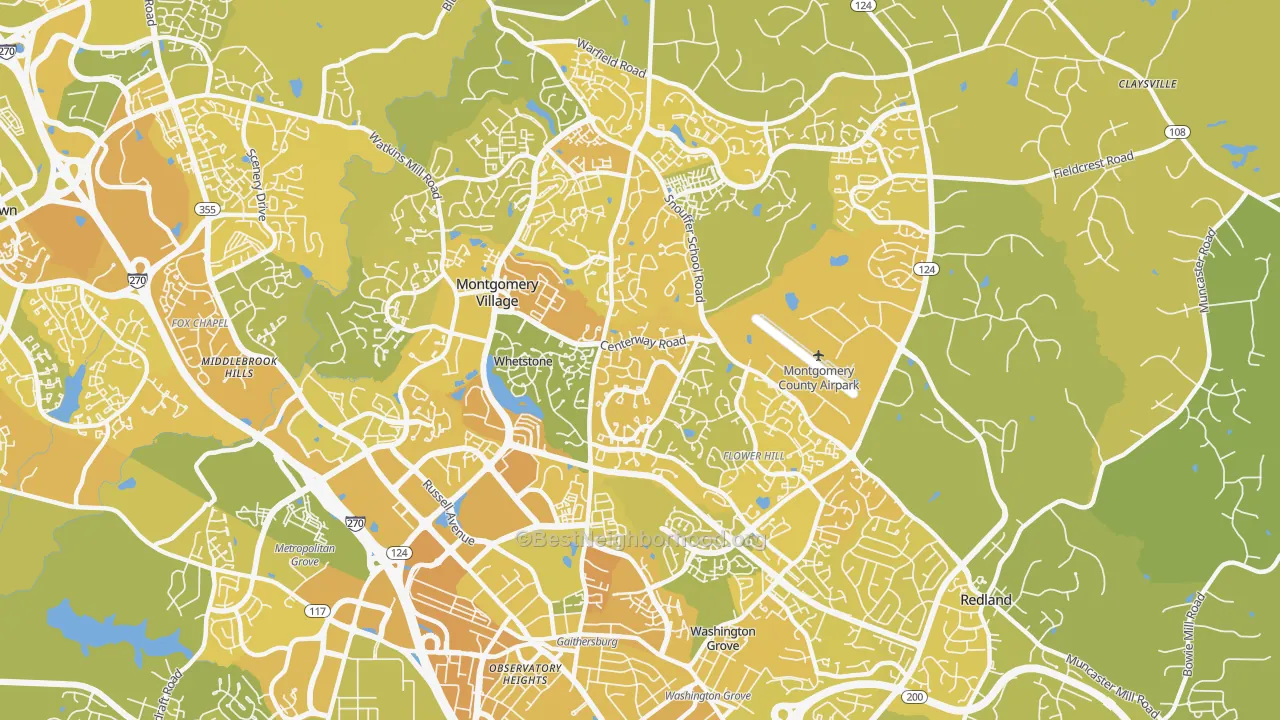 Map of the best neighborhoods in the 20879 area, with better matches in green and worse matches in red