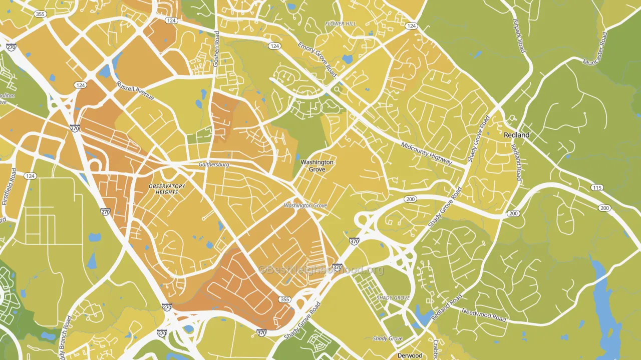 Map of the best neighborhoods in the 20880 area, with better matches in green and worse matches in red