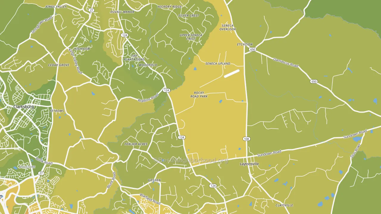 Map of the best neighborhoods in the 20882 area, with better matches in green and worse matches in red