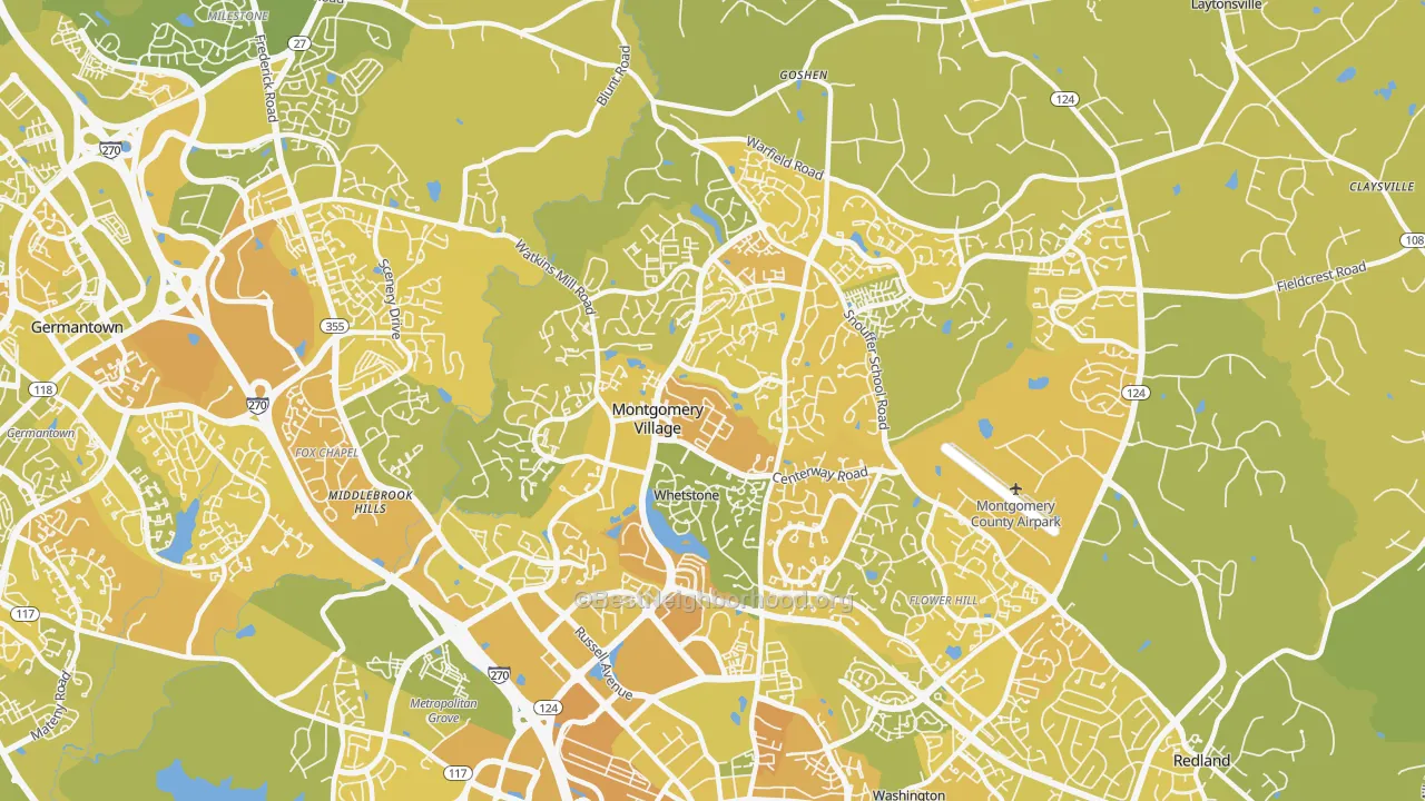 Map of the best neighborhoods in the 20886 area, with better matches in green and worse matches in red