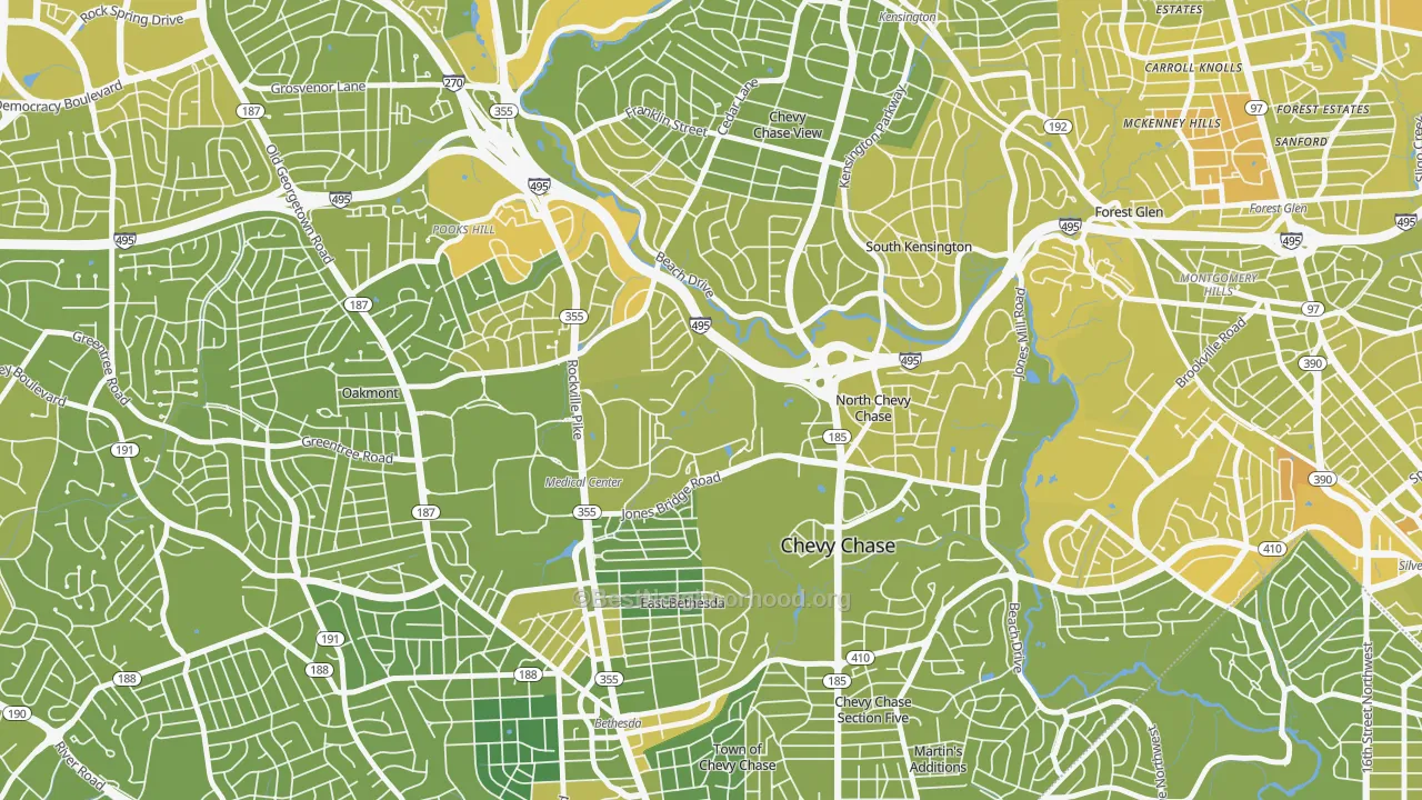 Map of the best neighborhoods in the 20889 area, with better matches in green and worse matches in red