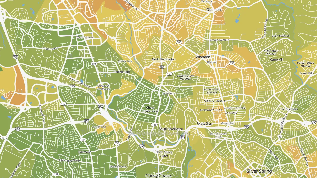 Map of the best neighborhoods in the 20895 area, with better matches in green and worse matches in red
