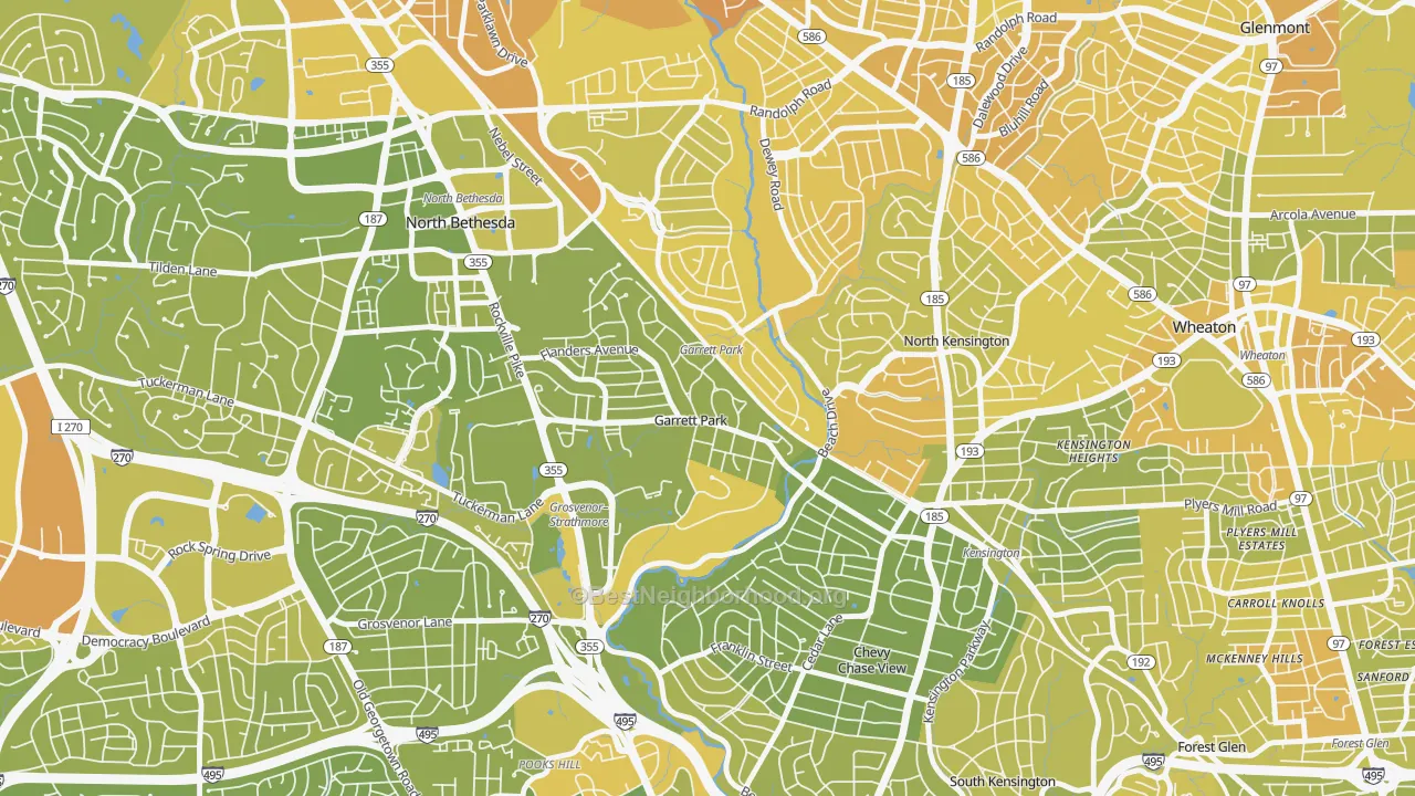 Map of the best neighborhoods in the 20896 area, with better matches in green and worse matches in red