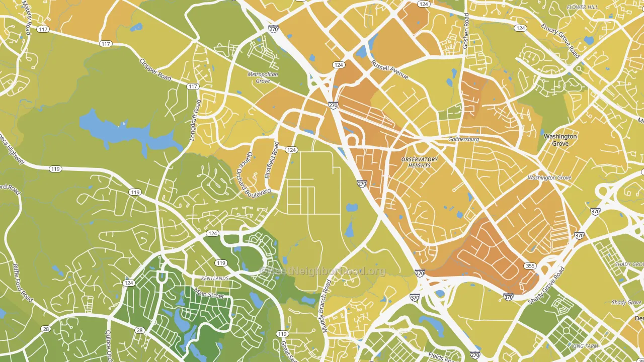 Map of the best neighborhoods in the 20899 area, with better matches in green and worse matches in red