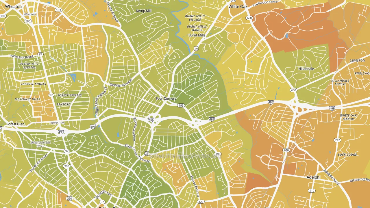 Map of the best neighborhoods in the 20901 area, with better matches in green and worse matches in red