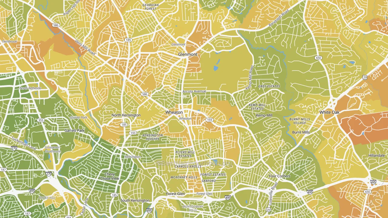 Map of the best neighborhoods in the 20902 area, with better matches in green and worse matches in red