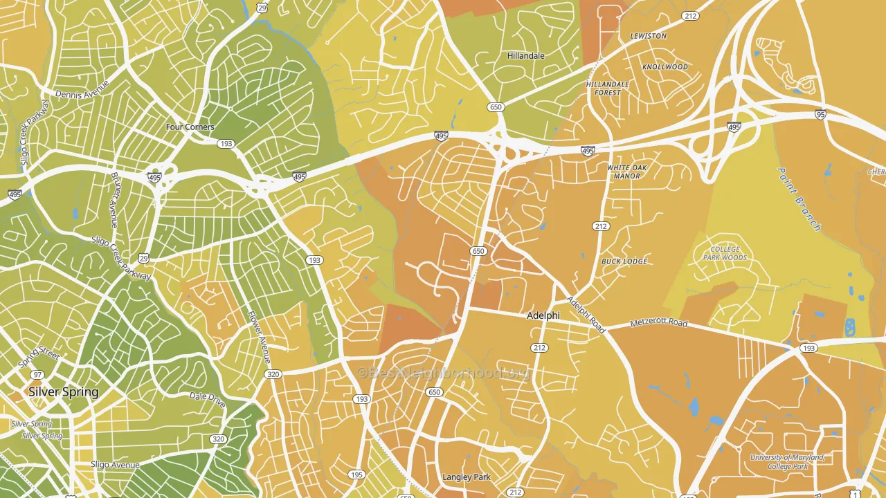 Map of the best neighborhoods in the 20903 area, with better matches in green and worse matches in red