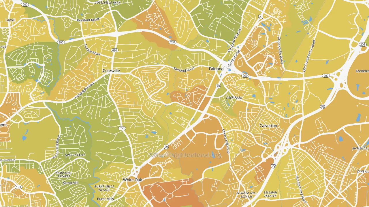 Map of the best neighborhoods in the 20904 area, with better matches in green and worse matches in red