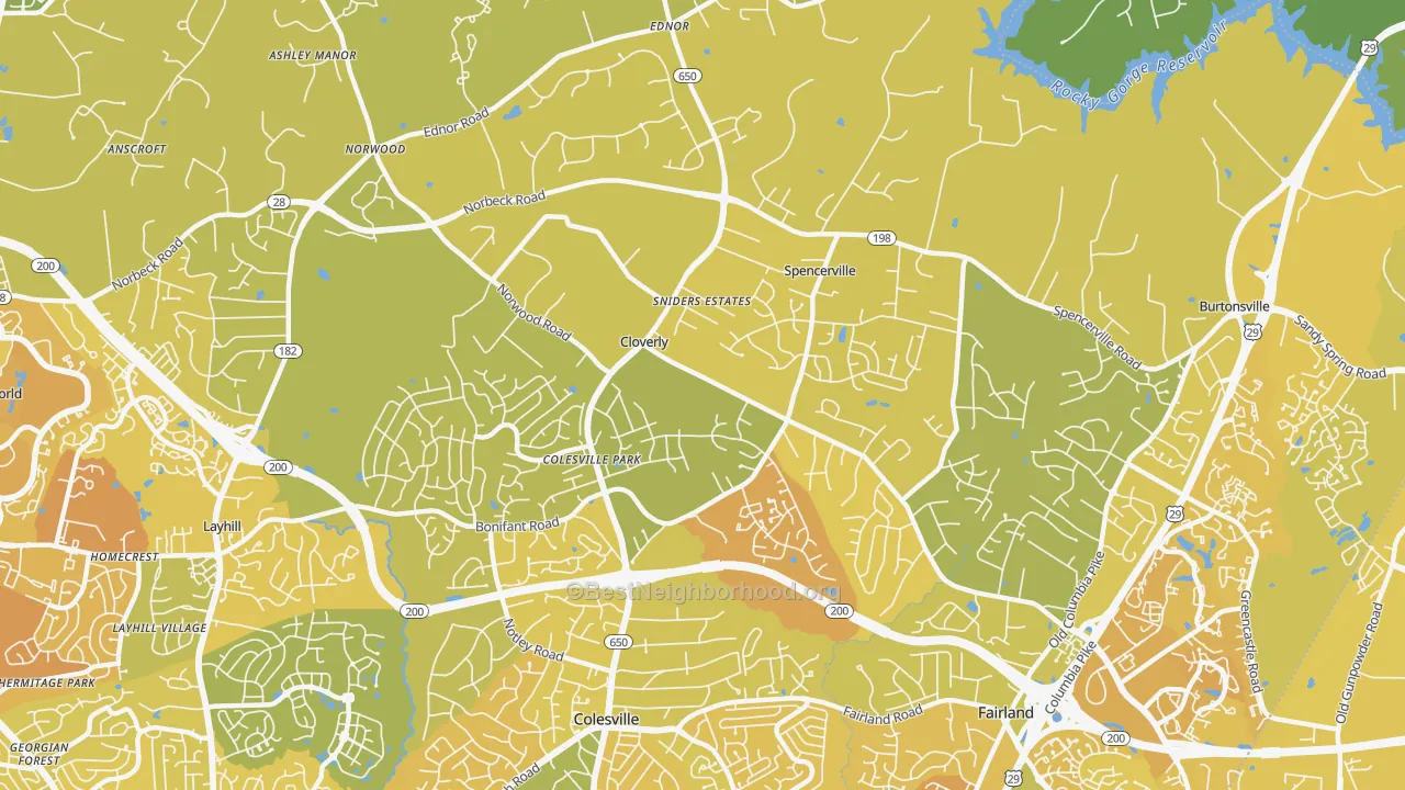 Map of the best neighborhoods in the 20905 area, with better matches in green and worse matches in red