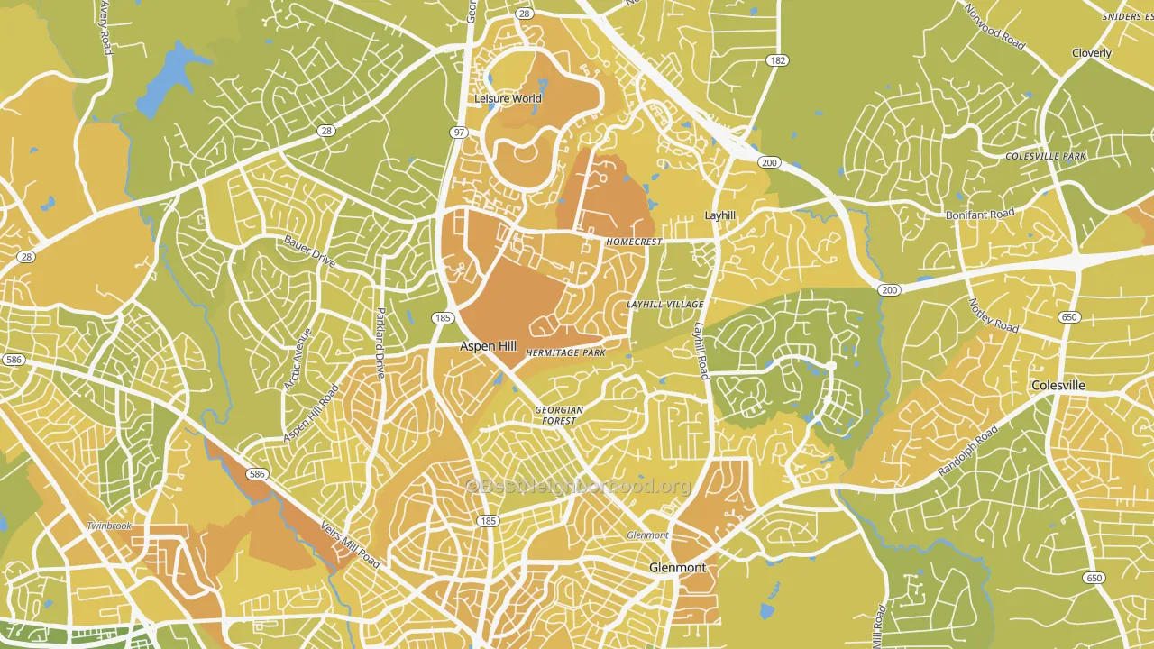 Map of the best neighborhoods in the 20906 area, with better matches in green and worse matches in red