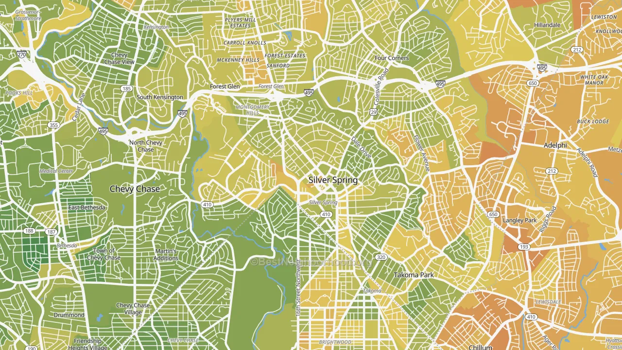 Map of the best neighborhoods in the 20910 area, with better matches in green and worse matches in red