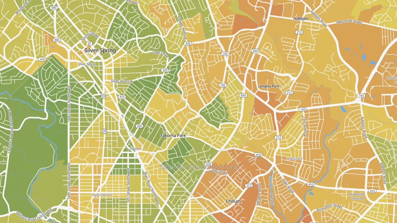 Map of the best neighborhoods in the 20912 area, with better matches in green and worse matches in red