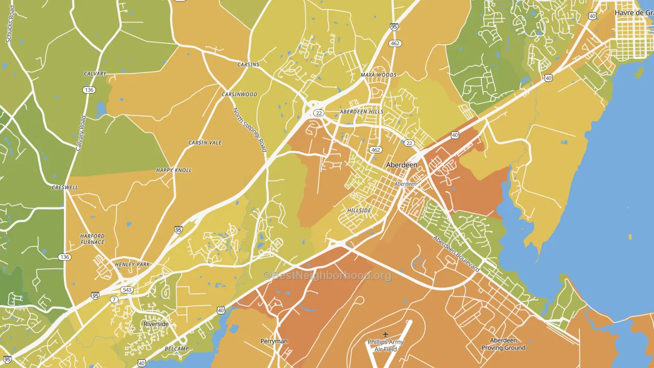 Map of the best neighborhoods in the 21001 area, with better matches in green and worse matches in red