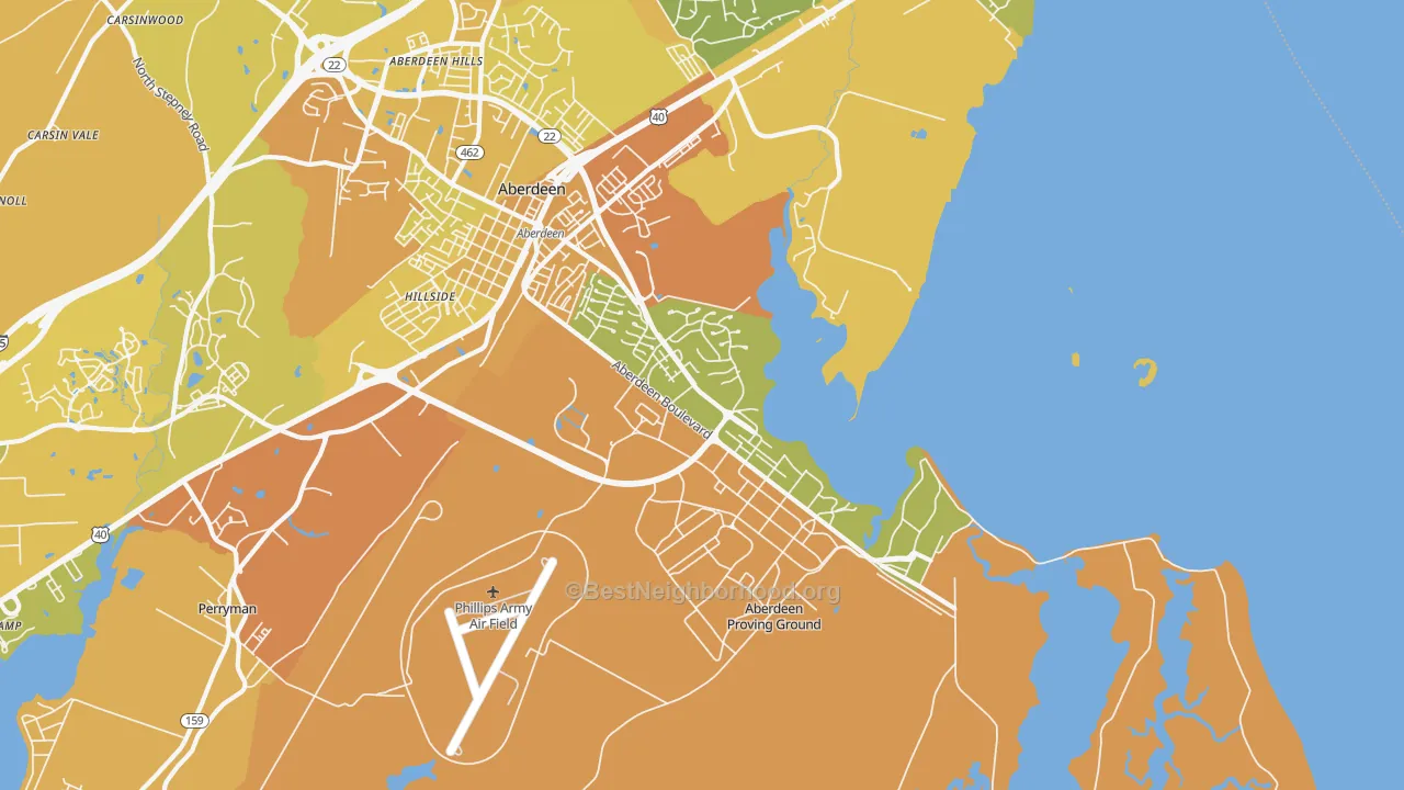 Map of the best neighborhoods in the 21005 area, with better matches in green and worse matches in red