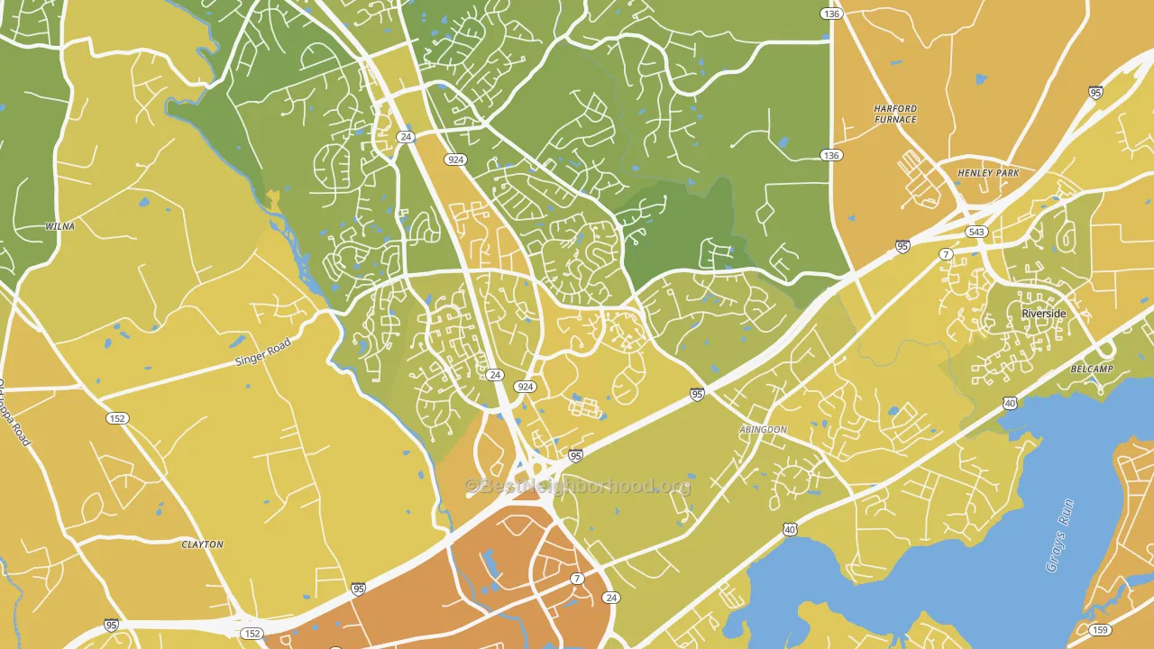 Map of the best neighborhoods in the 21009 area, with better matches in green and worse matches in red