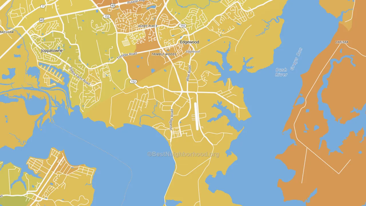 Map of the best neighborhoods in the 21010 area, with better matches in green and worse matches in red