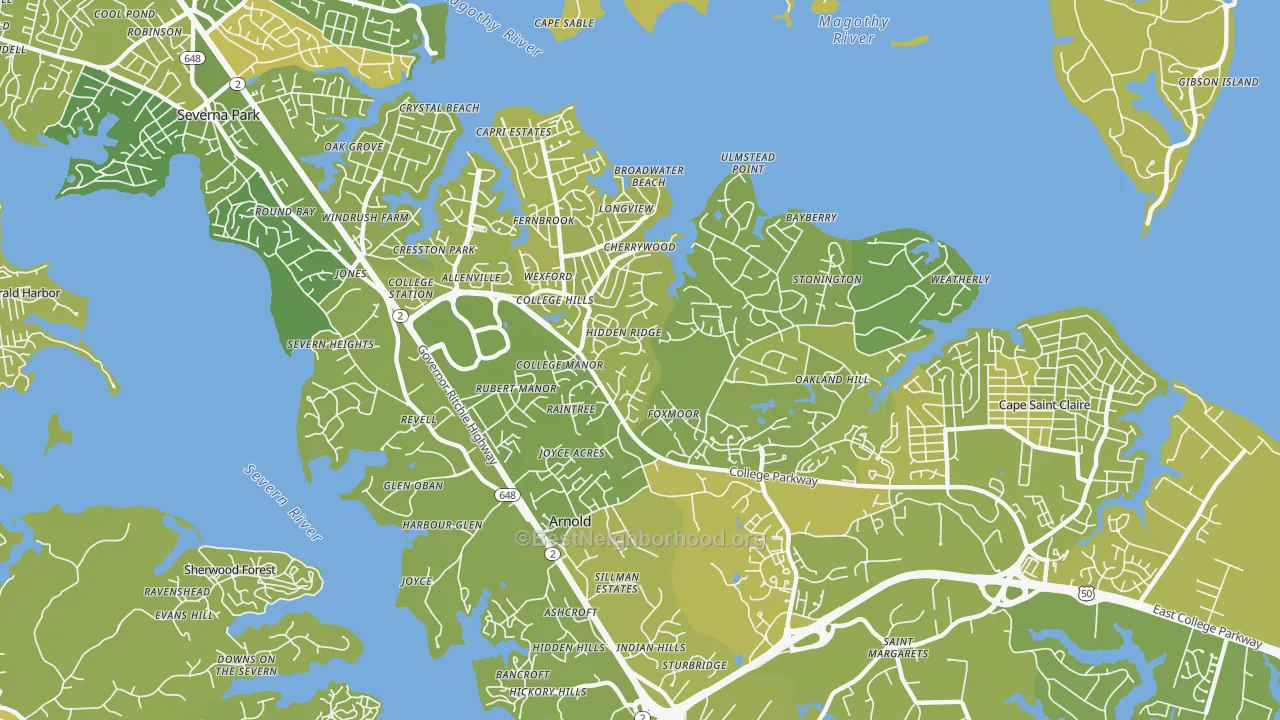 Map of the best neighborhoods in the 21012 area, with better matches in green and worse matches in red