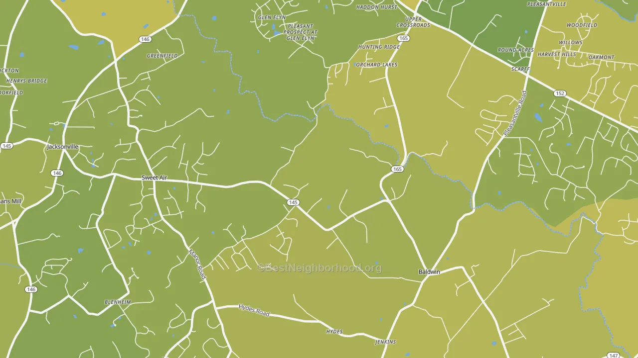 Map of the best neighborhoods in the 21013 area, with better matches in green and worse matches in red