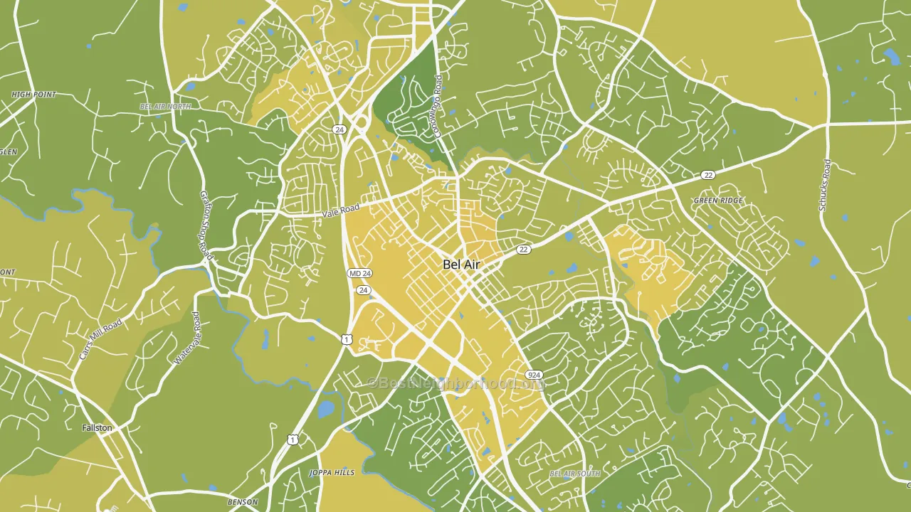 Map of the best neighborhoods in the 21014 area, with better matches in green and worse matches in red