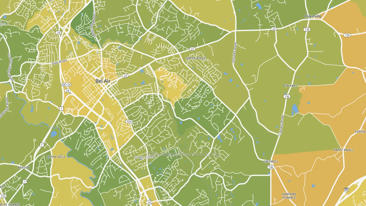 Map of the best neighborhoods in the 21015 area, with better matches in green and worse matches in red