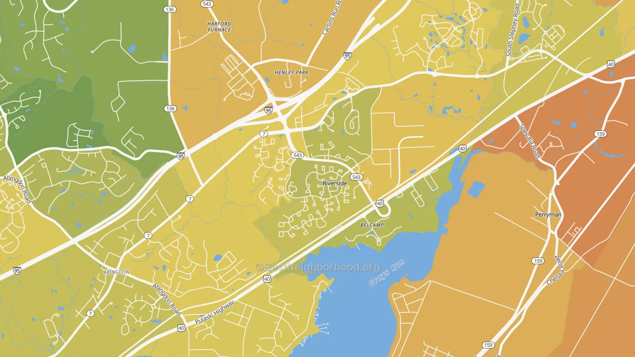 Map of the best neighborhoods in the 21017 area, with better matches in green and worse matches in red