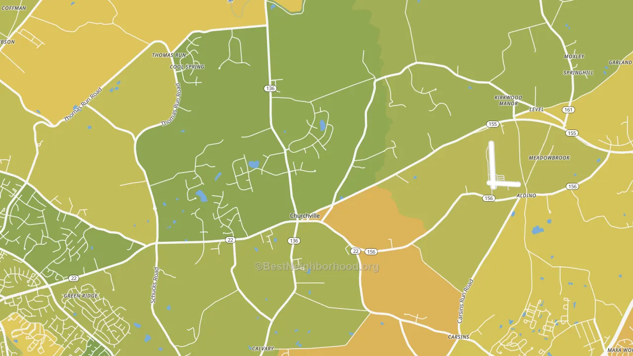 Map of the best neighborhoods in the 21028 area, with better matches in green and worse matches in red