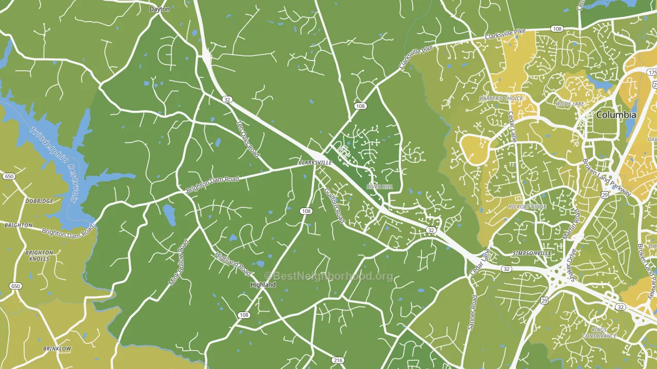 Map of the best neighborhoods in the 21029 area, with better matches in green and worse matches in red