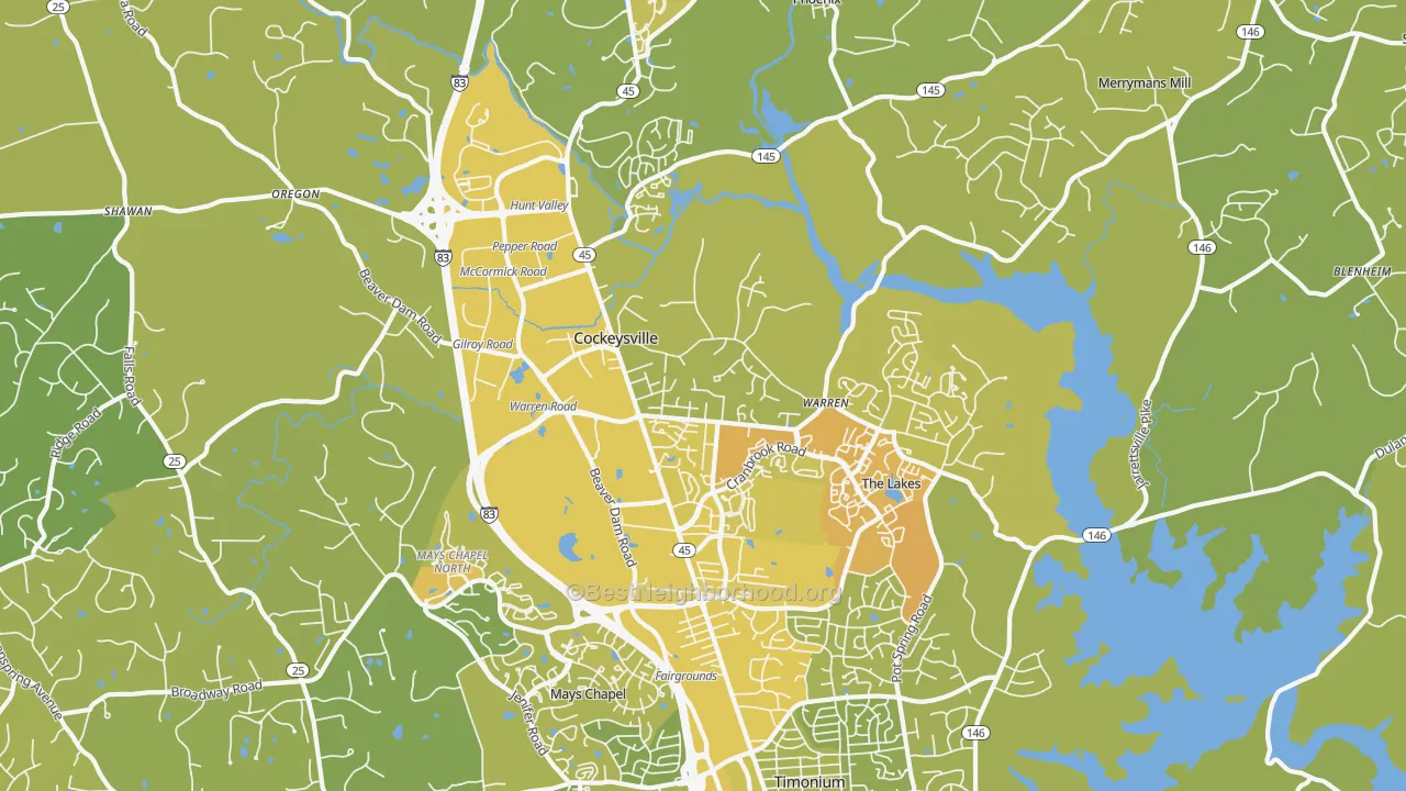 Map of the best neighborhoods in the 21030 area, with better matches in green and worse matches in red