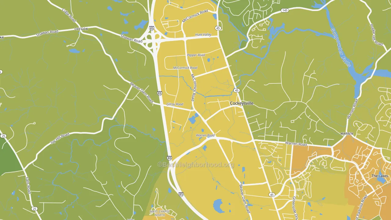 Map of the best neighborhoods in the 21031 area, with better matches in green and worse matches in red
