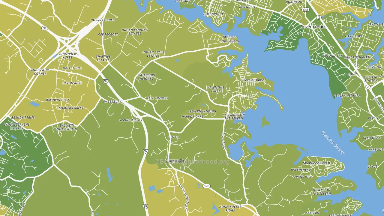 Map of the best neighborhoods in the 21032 area, with better matches in green and worse matches in red