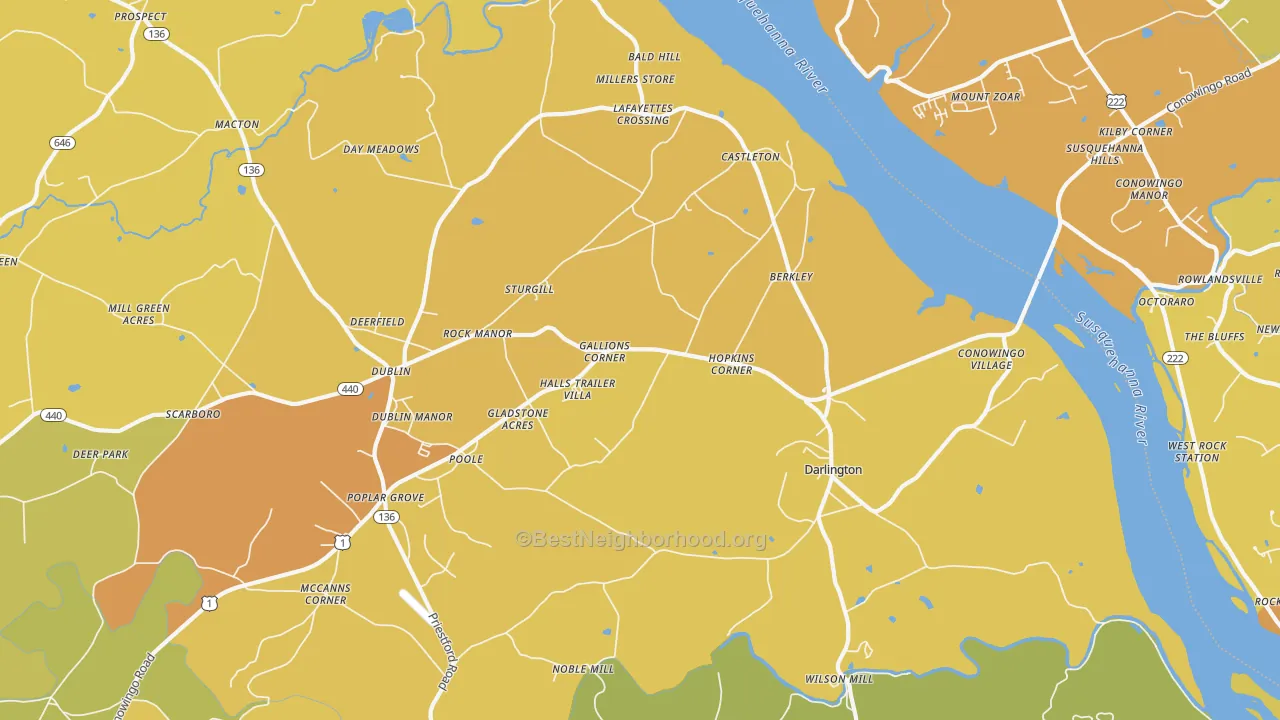 Map of the best neighborhoods in the 21034 area, with better matches in green and worse matches in red