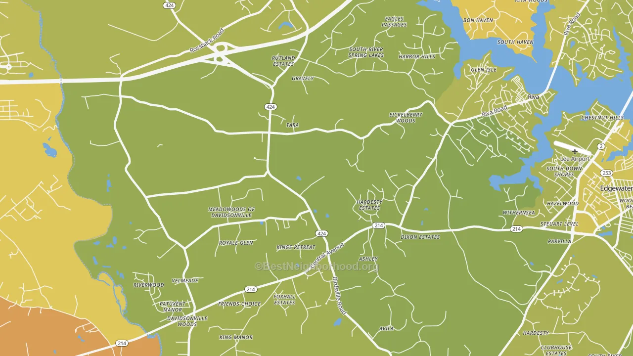 Map of the best neighborhoods in the 21035 area, with better matches in green and worse matches in red