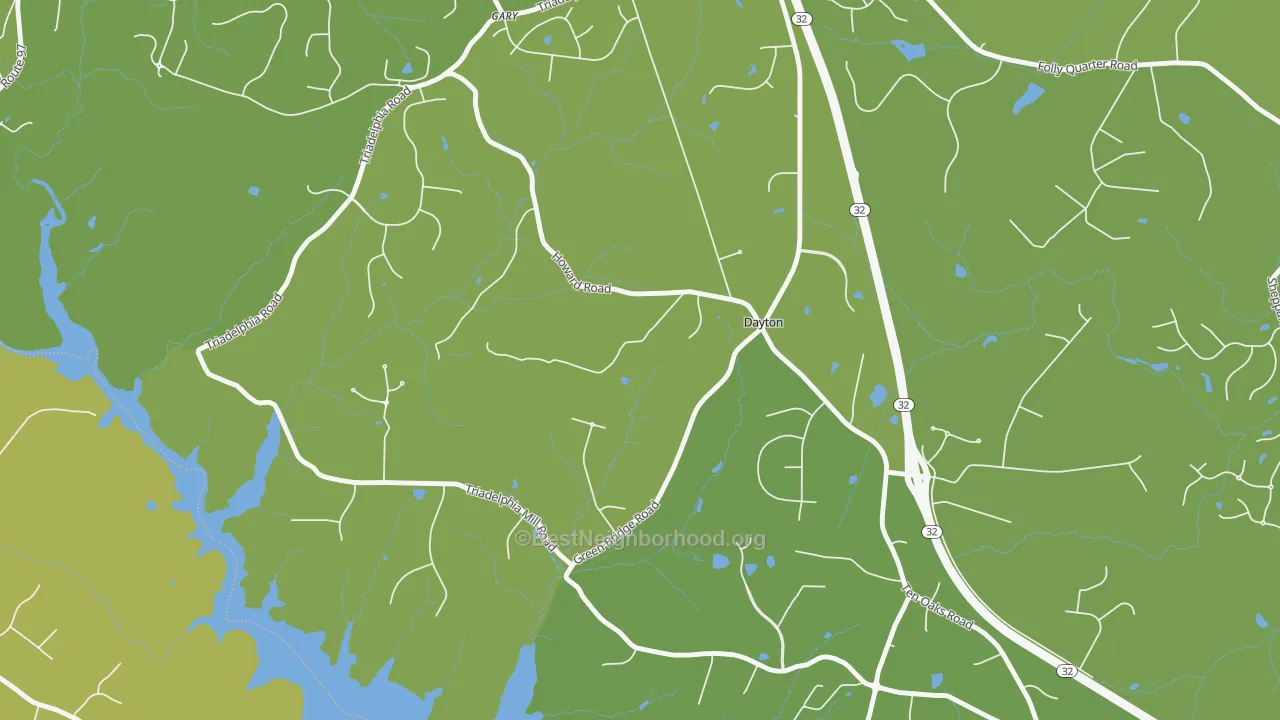 Map of the best neighborhoods in the 21036 area, with better matches in green and worse matches in red