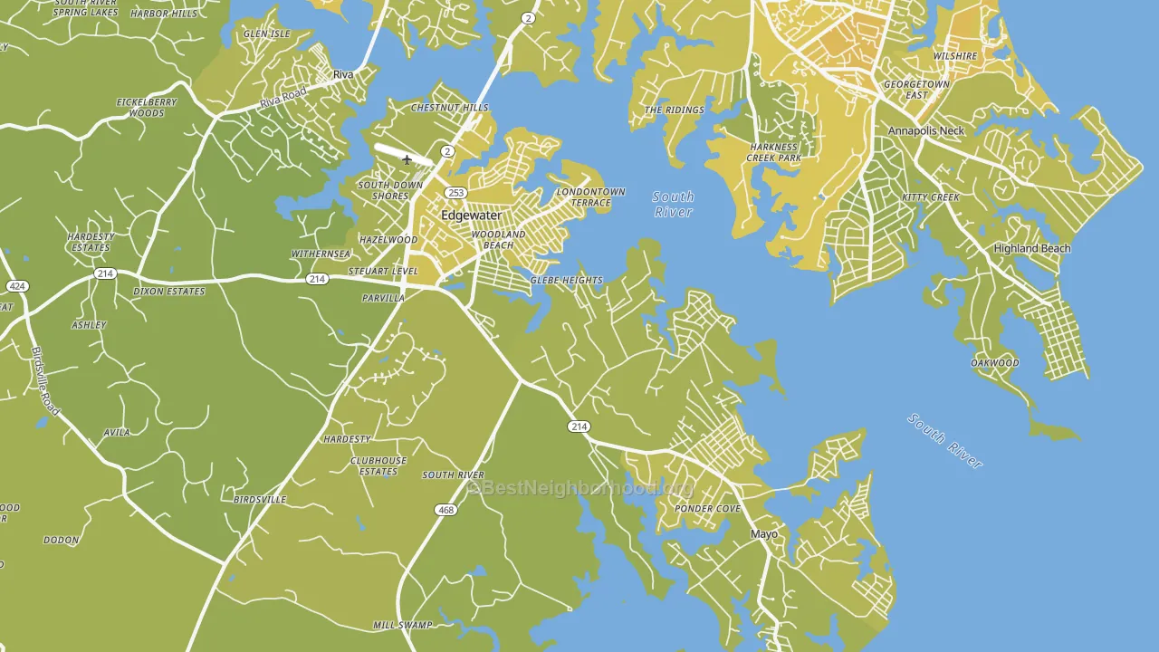 Map of the best neighborhoods in the 21037 area, with better matches in green and worse matches in red
