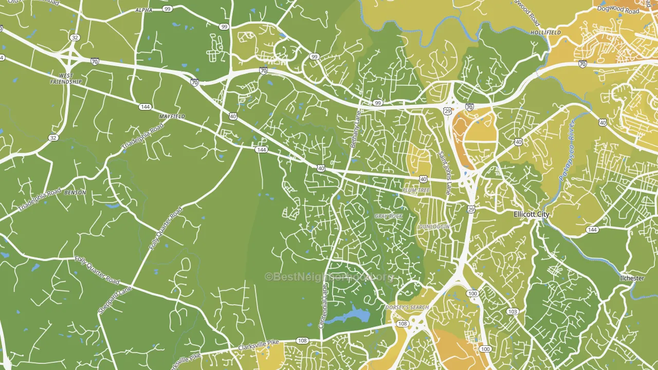 Map of the best neighborhoods in the 21042 area, with better matches in green and worse matches in red