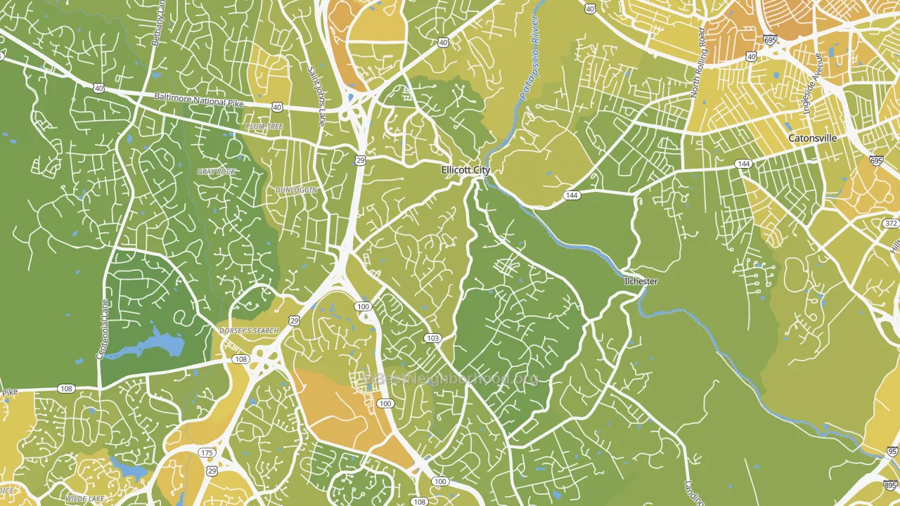 Map of the best neighborhoods in the 21043 area, with better matches in green and worse matches in red