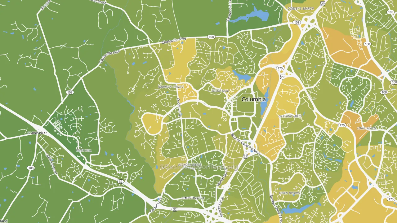 Map of the best neighborhoods in the 21044 area, with better matches in green and worse matches in red
